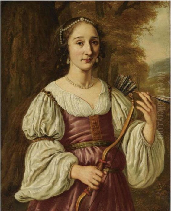 Portrait Of A Young Lady As 
Diana, Standing Half-length, Wearing Ared And White Dress And Pearl 
Jewellery, Holding A Bow Andquiver Oil Painting by Jan Victors