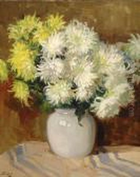 Chrysanthemum In An Earthenware Vase Oil Painting by Bernard, Ben Viegers