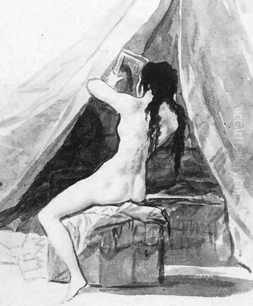 Nude Woman Holding a Mirror Oil Painting by Francisco Goya Fuendetodos