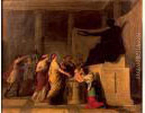 Femmes Romaines Deposant Leurs 
Biens Les Plus Precieux Devant Une Statue Sur La Base De Laquelle Se 
Trouve Inscrite La Declaration Des Droits De L'homme Et Du Citoyen Oil Painting by Joseph-Marie Vien