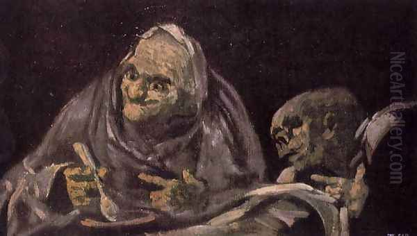Two Old Women Eating from a Bowl Oil Painting by Francisco Goya Fuendetodos