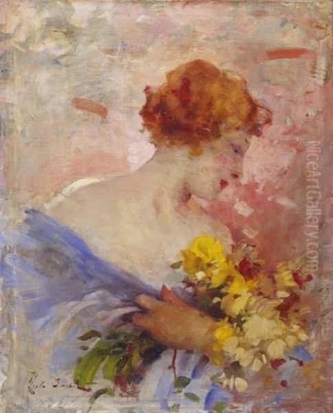 Lady With A Bunch Of Flowers Oil Painting by Bertalan Vigh