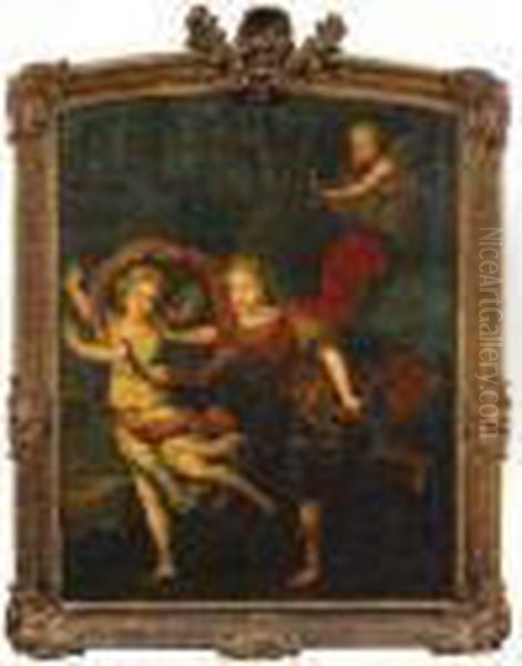 Princesse Poursuivie Par Un 
Jeune Seigneur En Apollon, Un Arc A La Main, Sous Les Fleches De 
Cupidon. Oil Painting by Claude Vignon