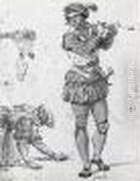 Deux Figures Representant Les 
Mois De Mars Et De Janvier : Jeune Homme Jouant De La Flute Et Femme Un 
Genou A Terre Oil Painting by Francois-Andre Vincent