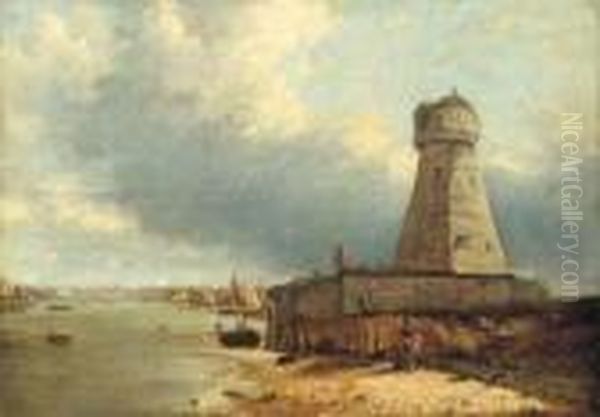 A View Of Lowestoft Lighthouse, 
With Figures In The Foreground Andthe Stanford Channel Beyond Oil Painting by George Vincent