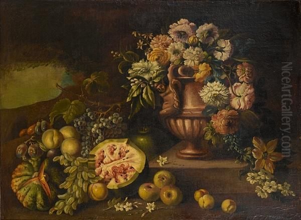 Chrysanthemums, Roses, Orange 
Blossom Andother Flowers In An Urn, Melons, Apples, Peaches And Grapes 
Beforea Stone Ledge, A View To A Landscape Beyond Oil Painting by Giuseppe Vincenzino