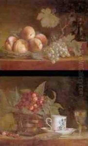 Still Life With A Basket Of 
Cherries, A Cup Of Tea And A Wine Glass All Resting On A Ledge And A 
Still Life Of Peaches, Grapes And A Bottle Of Wine All Resting On A 
Ledge: A Pair Of Paintings Oil Painting by Francois Xavier Vispre