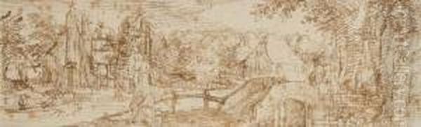 A Village Seen Across A Canal, 
Peasants Approaching A Bridge Over A Tributary In The Foreground Oil Painting by Claes Jansz Ii Visscher