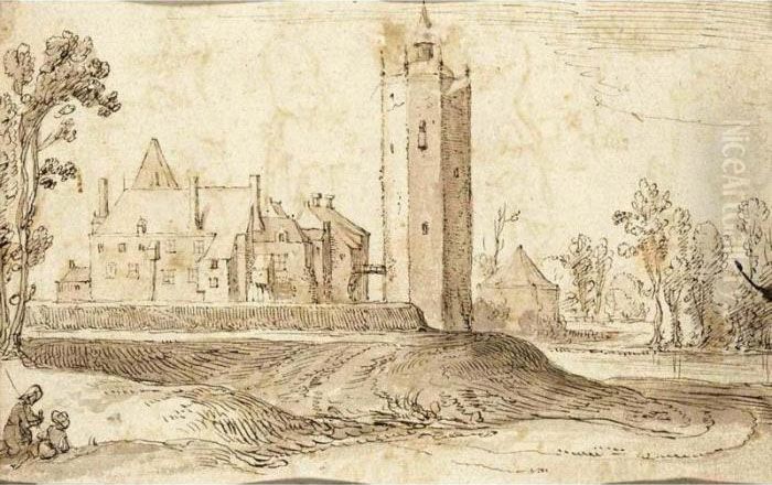 Recto : View Of The Castle Of Heusden; Verso : Figure Studies Oil Painting by Claes Jansz Ii Visscher