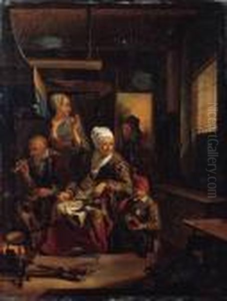 An Old Woman Baking Pancakes On 
An Open Fire, An Old Man Smoking Apipe And A Child Nearby, In A Kitchen Oil Painting by Cornelius de Visscher