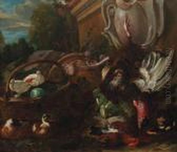 A Dead Turkey Hanging On A Rope 
From A Sculpted Cartouche On Apedestal With A Cabbage, A Dead Hen, 
Ducks, Pumpkins And Doves In Abasket By Upturned Garden Ornaments In A 
Landscape Oil Painting by Candido Vitali