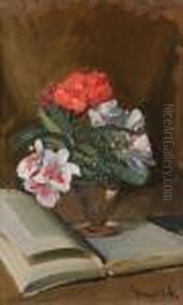 Vaso Con Fiori Su Un Libro Aperto Oil Painting by Eugenio Viti