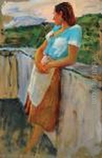 Figura Di Donna In Terrazzo Oil Painting by Eugenio Viti