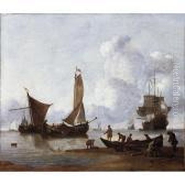 Fishermen Unloading Their Catch 
On The Shore, Moored Fishing Boats And Dutch Men-o'-war At Anchor Beyond Oil Painting by Wigerius Vitringa