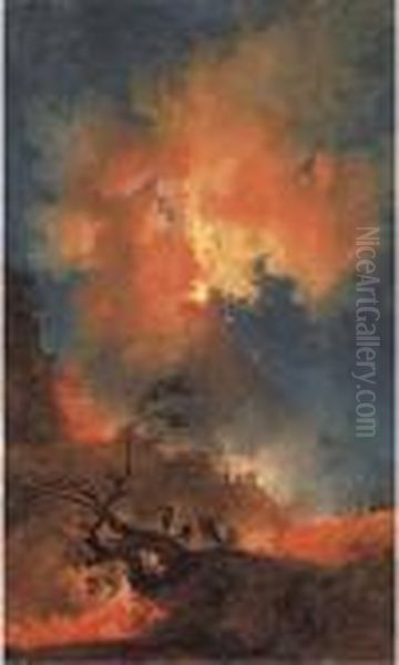 Vesuvius Erupting At Night Seen 
From The Foothills, With Elegantonlookers, A View Of The Bay Of Naples 
Beyond Oil Painting by Pierre-Jacques Volaire