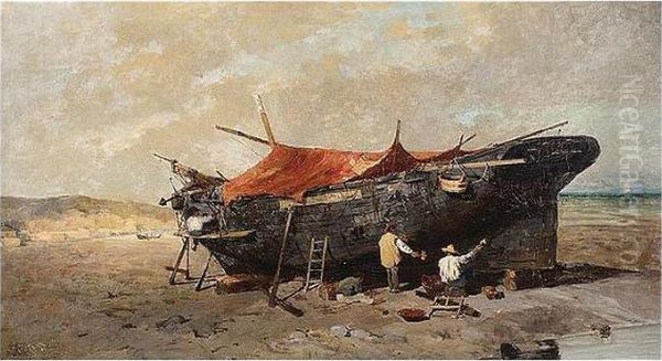 Repairing The Boat Oil Painting by Constantinos Volanakis