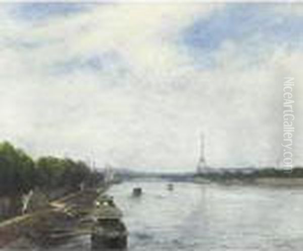 On The Seine, Paris, Eiffel Tower In The Distance Oil Painting by Alexis Vollon