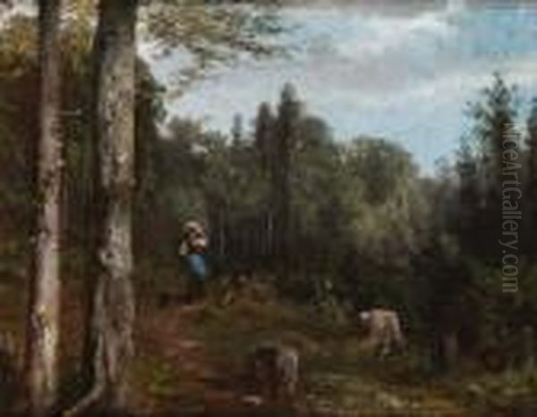 Junge Magd Auf Der
 Waldlichtung. Oil Painting by Ludwig Gustav Voltz