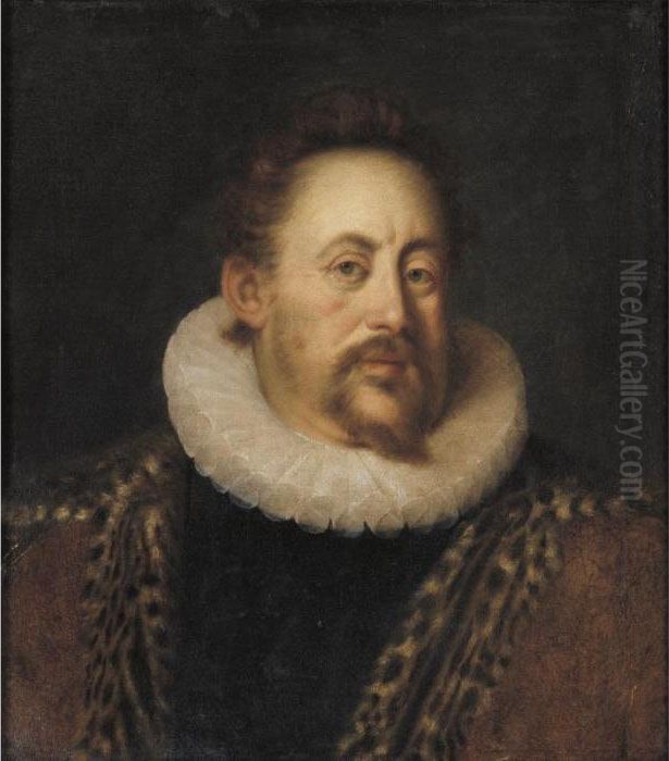 Count Otto Heinrich Von 
Schwarzenberg Half Length Wearing A White Ruff 
And A Leopard Skin Cloak Oil Painting by Hans Von Aachen