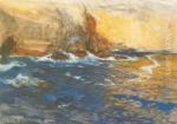 Brandung An Der Felsenkuste Von 
Ragusa Auf Sizilien. Gouache Und Aquarell Auf Papier. 31 X 44 Cm. 1901. 
Signiert, Datiert Und Bezeichnet. Ruckseitig Mit Nachlasstempel. Im 
Seidenpassepartout, Hervorragend Unter Glas Gerahmt. Oil Painting by Hans Von Bartels