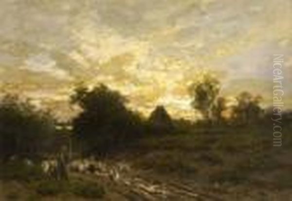 Schafer Mit Herde Auf Dem
 Heimweg Oil Painting by Hans Von Bartels
