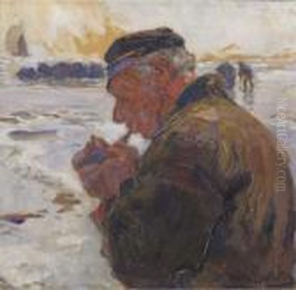 A Quiet Moment; A Fisherman Lighting His Pipe Oil Painting by Hans Von Bartels