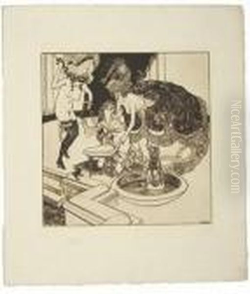 Two Scenes Of Nude Women Humiliating Men Oil Painting by Franz von (Choisy Le Conin) Bayros