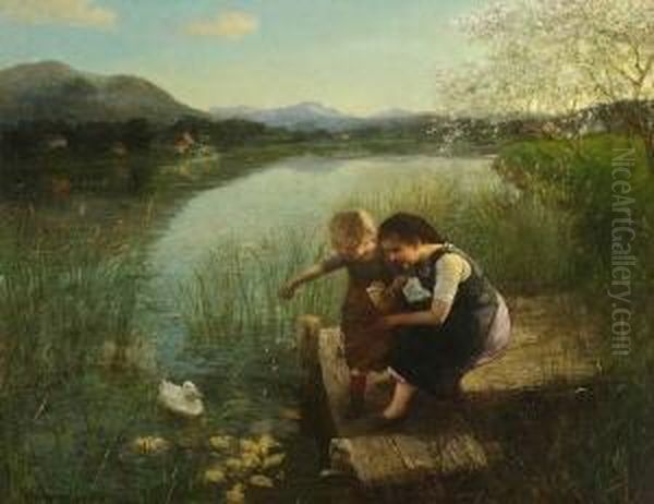 Zwei Madchen Beim
 Entenfuttern Oil Painting by Carl Von Bergen