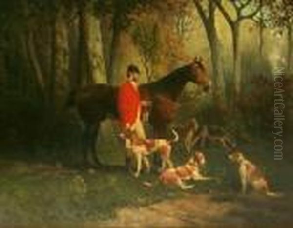 Vor Einer Sonnenbeschienenen 
Waldlichtung Stehender Parforcejager Mit Seinem Pferd, Umringt Von 
Seiner Hundemeute. Unten Rechts Signiert Julius Blaas Oil Painting by Julius von Blaas