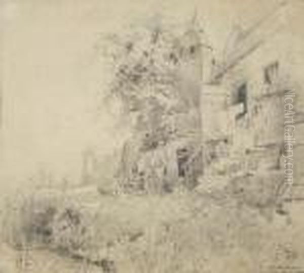 Bauernfamilie Vor Ihrem Haus In
 Zons Oil Painting by Gregor Von Bochmann