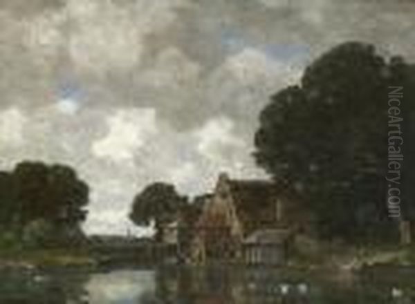 Hollandische Flusslandschaft Mit
 Muhle. Oil Painting by Gilbert Von Canal