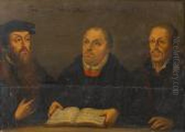 Portrait Of Martin Luther, 
Half-length, Holding A Book With Two Other Gentlemen In Black Costume Oil Painting by Lucas The Elder Cranach