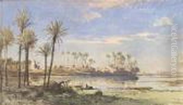 Eckenbrecher, Themistokles Von .
 Nile Landscape. Watercolour And Gouache On Paper, Mounted On Carboard, 
Monogrammed, Inscribed 