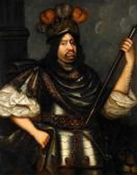 Portratt Av Karl X Gustav Som 
Romersk Harforare Med Lagerkransad Hjalm Och Marskalkstav - Knastycke Oil Painting by David Klocker Von Ehrenstrahl