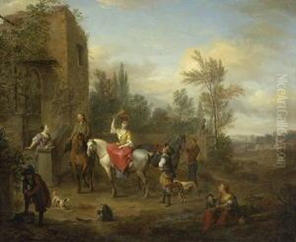 Rastende Jagdgesellschaft Bei Einem Bauernhaus. Oil Painting by Carel van Falens or Valens