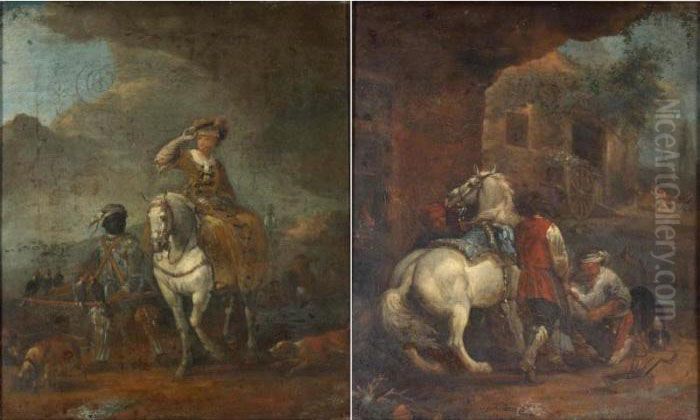 A Lady Hawking With Her Moorish Servant;
 A Horse Being Shod In A Blacksmiths Oil Painting by Carel van Falens or Valens