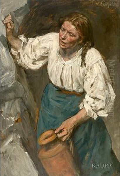 Frau Mit Weiser Bluse Und 
Dunkelblauem Rock, Sich Mitihrer Rechten Hand An Eine Felswand Stutzend 
Und In Ihrer Linkenhand Einen Krug Haltend Oil Painting by Eduard Karl Franz von Gebhardt