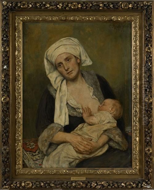 Woman Nursing A Child Oil Painting by Eduard Karl Franz von Gebhardt