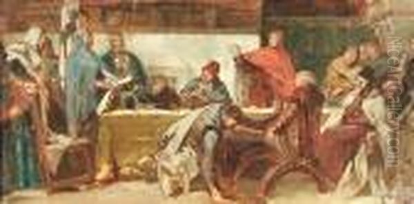The Council At Constance 
1414/1418. Oil/canvas/cardboard, Verso On The Cardboard Old Label Of The
 Art Dealer Alfred Hirrlinger, Stuttgart, With Inscription Oil Painting by Carl Von Haberlin