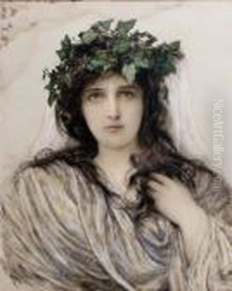 Head And Shoulder Portrait Of A 
Young Lady With Flowing Blacklocks And Wearing A Wreath Of Ivy On Her 
Head Oil Painting by Sir Hubert von Herkomer