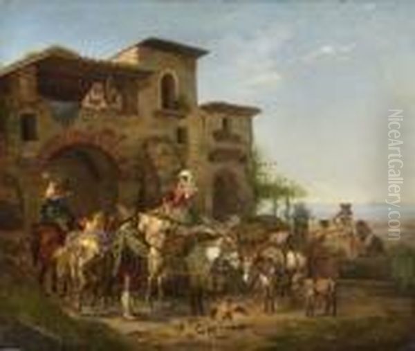 Vor Der Osteria Della Croce Di
 Maltha Oil Painting by Peter Heinrich Lambert Von Hess