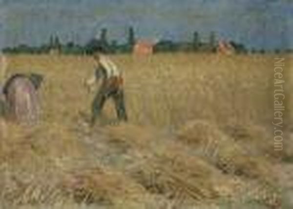 Schnitter Bei Der Getreideernte 
Signiert Unten Rechts: Kalckreuth Ol Auf Leinwand. H, 32,3 Oil Painting by Leopold Karl Walter von Kalckreuth