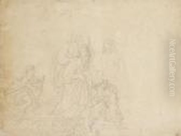 Drei Antikisch Gewandete Manner 
Verlassen Ein Von Einem Jungen Gesteuertes Boot Und Werden Von Einem 
Vierten Begrust Oil Painting by Wilhelm von Kaulbach