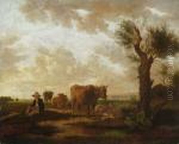 Hirte Mit Kuhen In
 Vorgebirgslandschaft. Oil Painting by Wilhelm Alexander W. Von Kobell