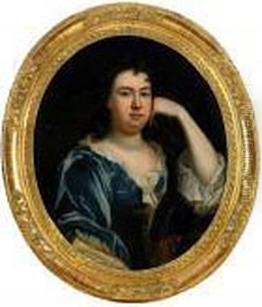 Portratt Av Oidentifierad 
Hogrestandsdam Ikladd Morkbla Klanning Med Passpoaler Och Guldbrodyr - 
Midjebild Oil Painting by David von Krafft