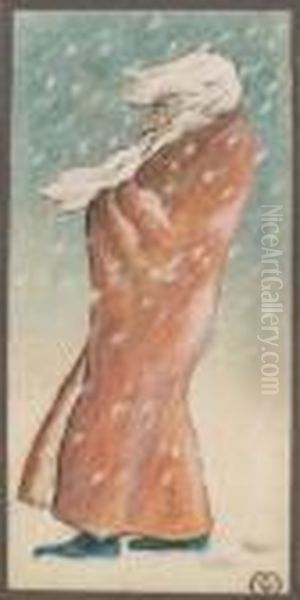 Bartiger Mann Im Schneegestober.
 Farbiges Pastell Auf Weisem Karton Auf Grauen Karton Kaschiert. 21 X 10
 Cm. Rechts Unten Monogrammiert: C V M. - Drei Weitere Zeichnungen Des 
Kunstlers Beigegeben. Oil Painting by Constantin Von Mitschke Collande