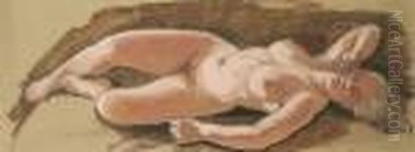 Liegender Weiblicher Akt Mit 
Geschlossenen Augen. Deckfarben Auf Braunem Karton. 23 X 59 Cm. Rechts 
Unten Monogrammiert: Cmc. Oil Painting by Constantin Von Mitschke Collande