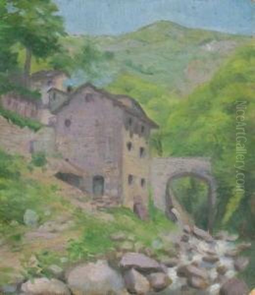 Landschaft Mit Gebirgsbach Und 
Steinhausern. Ol Auf Karton. 28,8 X 25 Cm. Ruckseitig Mit 
Nachlasstempel. Oil Painting by Constantin Von Mitschke Collande