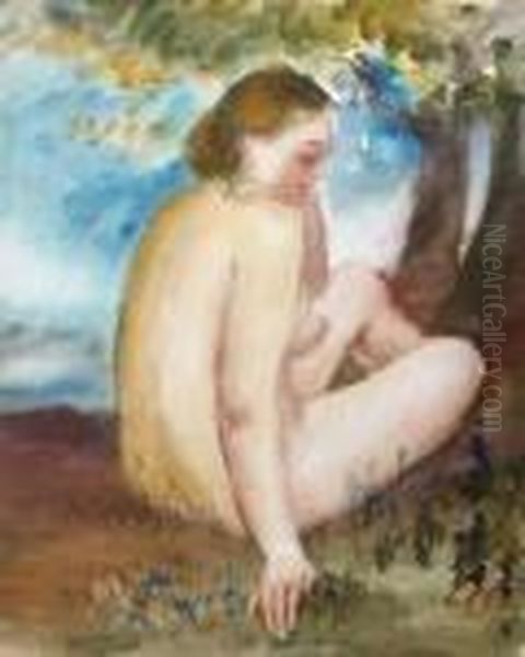 Sitzender Weiblicher Akt In 
Landschaft. Aquarell Auf Fabriano. 51 X 39 Cm. Rechts Unten 
Monogrammiert. Oil Painting by Constantin Von Mitschke Collande