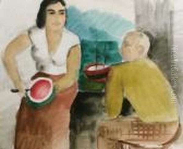 Stehender Junglingsakt. 
Beidseitig Aquarell Auf Karton, Ruckseitig Mit Der Darstellung Eines 
Paares, Die Frau Eine Melone Schneidend. 39,5 X 49,5 Cm. Mit 
Nachlasstempel Oil Painting by Constantin Von Mitschke Collande